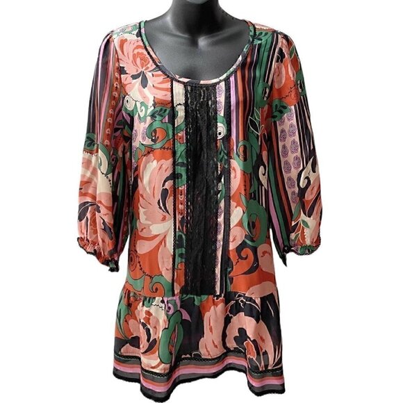 Silk Odille 3/4 Sleeve Floral Multicolor Tier Tunic Black Lace Trim Women’s 8 - Picture 1 of 14
